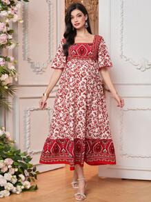 SHEIN 孕妇优雅花卉印花短袖连衣裙 - 紅色 - 查看 3