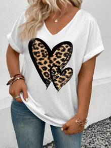 INAWLY Plus Size V-hals Korte Mouw Omslag Manchet Luipaard Print & Hart Grafisch Casual Veelzijdig T-shirt, Lente/Zomer