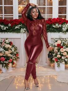 Slaydiva 万圣节新款性感优雅小立领长袖蕾丝拼接黑色PU透视修身女式连体裤-G - 紅色 - 查看 2