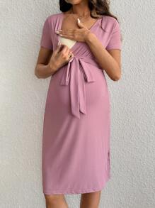 SHEIN Maternity & Nursing Pink Dress With Waist Tie - Pink - View 5