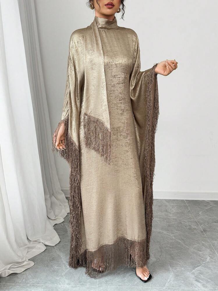 Rafferiza Robe élégante et avec col montant ample et garniture à franges - Doré - Voir 5