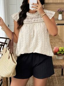 Plus Size Women Casual Floral Print Cap Sleeve Shirt, Vacation Style - Apricot - View 4