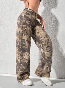 SHEIN EZwear 女士拼色印花阔腿牛仔裤 - 彩色 - 查看 6