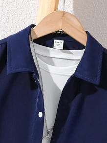 SHEIN Tween Boy Vacation Style Solid Color Turndown Collar Button-Up Fitted Woven Short Sleeve Shirt - Navy Blue - View 3