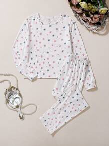 Tween Girls Star Print White Base 2 Pieces Casual Comfortable Pajama Set, Long Sleeve Top And Pants