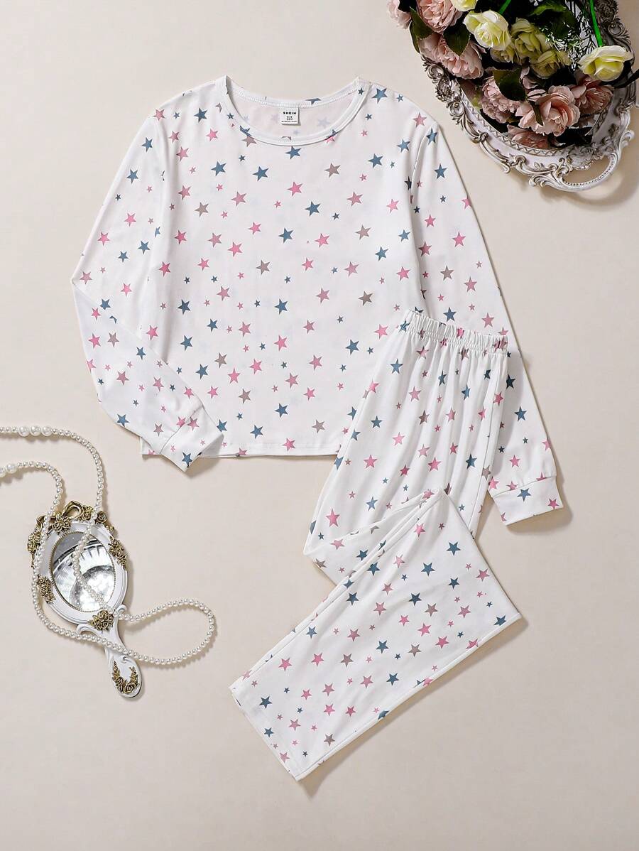 Tween Girls Star Print White Base 2 Pieces Casual Comfortable Pajama Set, Long Sleeve Top And Pants