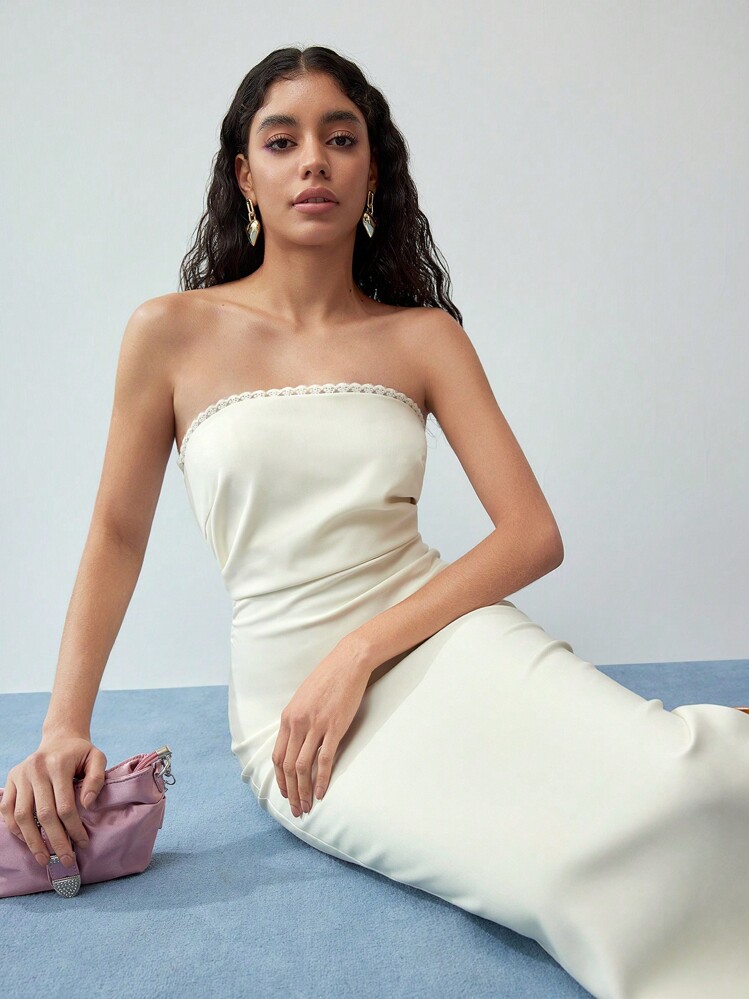 MOTF STUDIO Vestido tubo con dobladillo dividido y encaje de contraste - Albaricoque - Añade 2