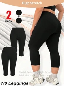SHEIN EZwear 2pcs/Set Plus Size Women's Gym Women Clothes,Black Tight Cropped Leggings,Spring Summer Clothes,College Students - Black - View 1