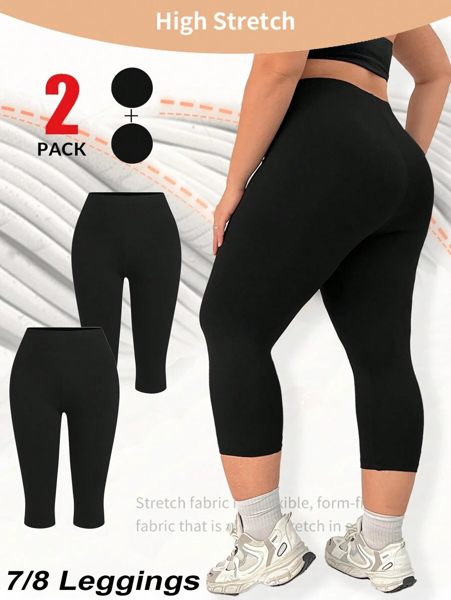 SHEIN EZwear 2pcs/Set Plus Size Women's Gym Women Clothes,Black Tight Cropped Leggings,Spring Summer Clothes,College Students - Black - View 1