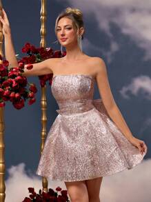 SHEIN Belle 优雅奢华提花缎面露肩露背可拆卸蝴蝶结 A 字裙，婚礼宾客礼服，适合返校节、婚礼、派对、度假、社交活动、派对礼服