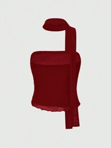 ROMWE J-Fashion 女士纯色褶皱修身挂脖吊带背心 - 紅色 - 查看 2