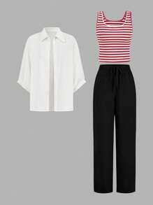 SHEIN LUNE Bộ 3 món thu đông 2024 gồm áo vest sọc, quần và áo khoác, trang phục sân bay - Đỏ và trắng - Xem 7