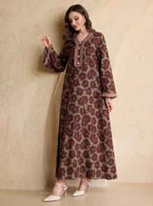 Al Najma Spring & Summer Women's Arabic Style Dress With Trumpet Sleeves, Collar And Sleeve Cuffs Pleated Ruffle,Modest - Multicolor - View 8