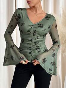 SHEIN Clasi Women's V-Neck Flare Sleeve Mesh Slim Fit Blouse, Ideal For Easter, Valentine's Day Outfits Festival