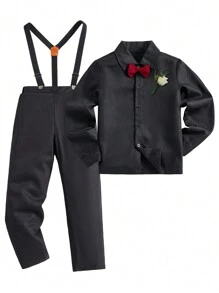 SHEIN 4 件套青少年男孩绅士装 - 黑色衬衫 + 吊带 + 酒红色领结正式西装 + 长裤，适合生日派对、舞会、婚礼、毕业典礼的优雅正式服装
