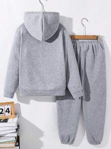 SHEIN Tween Boys Multi-Fabric Hooded Zip-Up Cardigan And Drawstring Pants Set, Can Be Matched With Boys Thanksgiving, Christmas Outfits