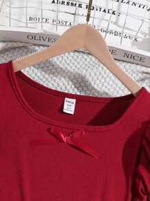 Spring/Summer Tween Girls ELGANTZ Puff Sleeve Beaded Bow Splice Mesh Ruffle Decor Party Dress, Suitable For Vacation, Holiday, Dinner, Family Gathering, Bridal,Holiday Summer Travel - Red - View 4