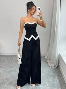 Elenzga 2pcs/Set Women's Elegant Romantic Contrast Color Pleated Top
