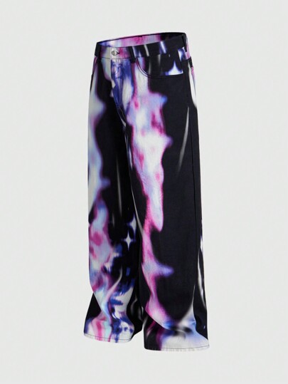 Street Life Jeans casuales de pierna recta sueltos con bolsillo efecto tie-dye para hombres