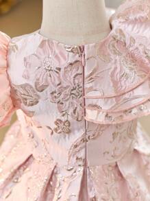 Young Girl Jacquard Weave Ruffle Collar Fitted Casual Dress - Pink - View 7