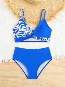 SHEIN Tween Girl Printed Mix-Match Twist Front Tankini Set - Blue - View 5
