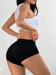 SHEIN EZwear 女士休闲纯色超短紧身裤 - 黑色 - 查看 2