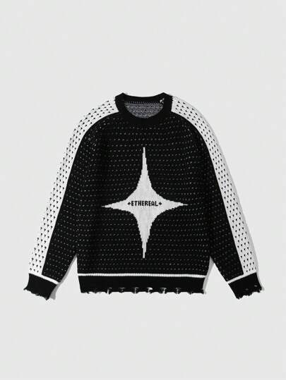 Street Life Men's Simple Four-Pointed Star Jacquard Knit Sweater, Fashionable Casual For Daily Wear