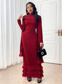 Modelyn Women Elegant Solid Color Tassel Trim Bodycon Dress Long Evening Dresses