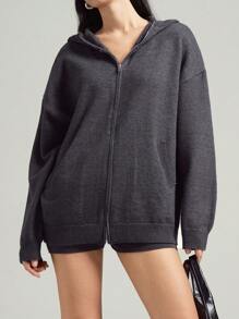 LYSMO Conjunto de Mujer de Chaqueta con Capucha de Manga Dolman con Cierre Delantero y Shorts de Punto de unicolor