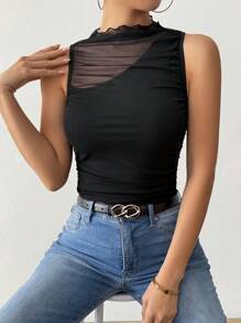 Chiquease Women's Sleeveless Mesh Patchwork Sheer Pleated Camisole