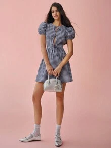 Enchnt Spring/Summer Romantic Women's  Plaid Puff Sleeve Tie Waist Short Dress
,Sweet&Elegant,For Birthday&Sweet Date Night&Garden Parties&Daily Commuting - Pink - View 6