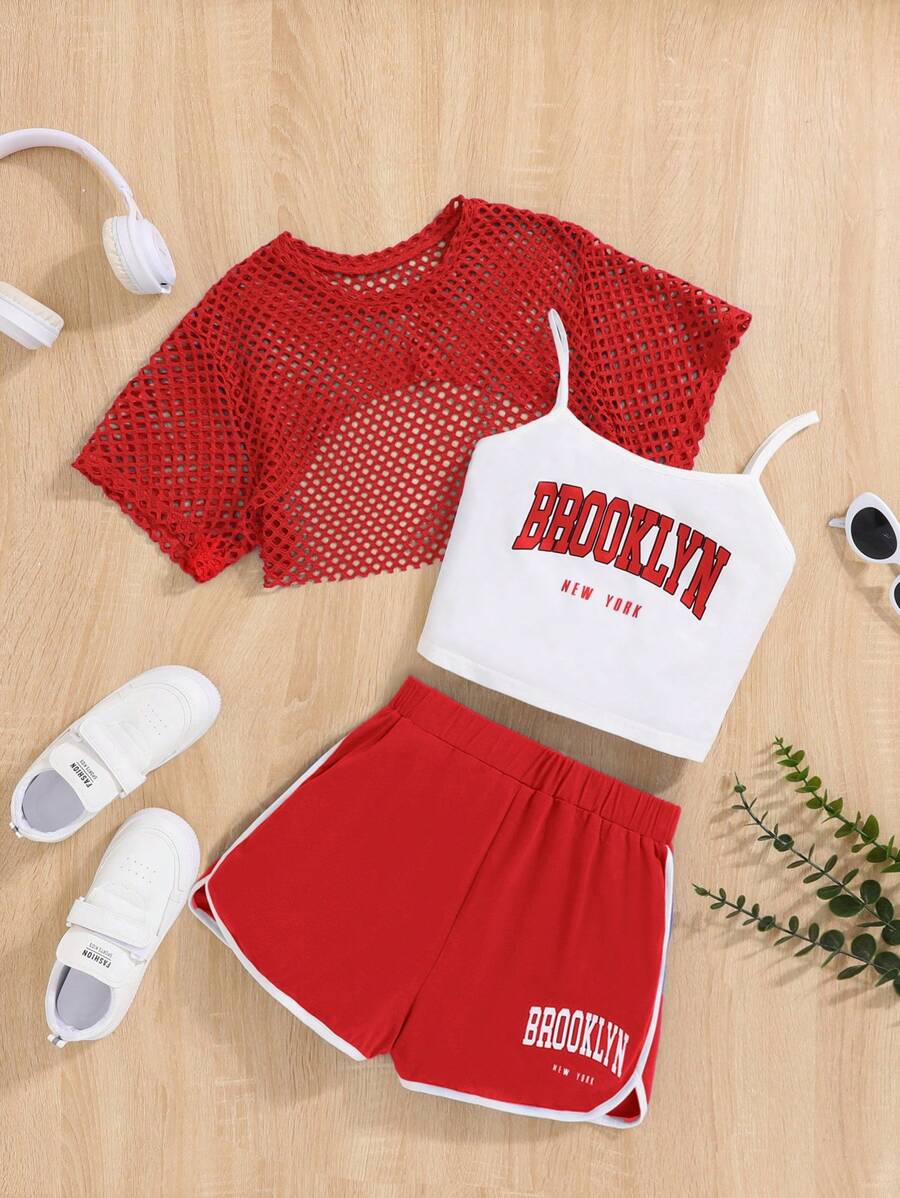 SHEIN Teen Girls 3-Piece Tank Top Mesh T-Shirt And Shorts Set - Red - View 1