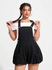 SHEIN EZwear 女士休闲牛仔背带工装裤连体裤，简约时尚，适合日常穿着 - 黑色 - 查看 6