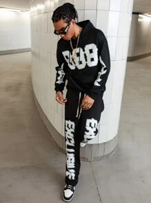 Manfinity Streetrush Conjunto de sudadera con capucha y pantalón de chándal estilo juvenil y de carreras con impresión digital grande en inglés para hombres, regalo para novio o esposo