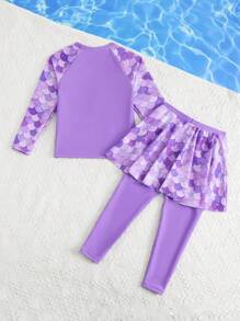 Young Girl 2pcs/Set Fish Scale Print Raglan Long Sleeve Top And Patchwork Skirt With Leggings Tankini Swimwear - Multicolor - View 2