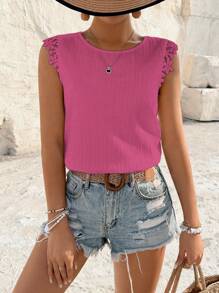 Breezaya 女士纯色圆领无袖后系带休闲衬衫 - 玫紅色 - 查看 4