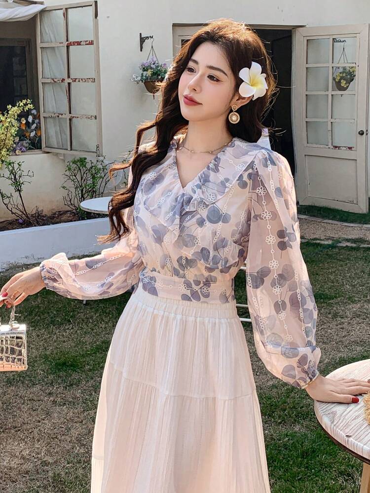 Women's Floral Print V-Neck Puff Sleeve Ruffle Hem Tie-Waist Blouse,Fall Women Clothes Long Sleeve Top Boho