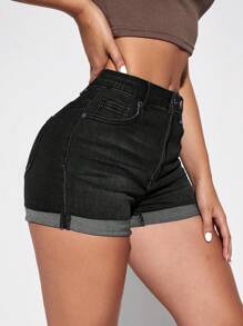 SHEIN PETITE Women's High Waist Pocketed Cuffed Casual Versatile Denim Shorts - Black - View 5