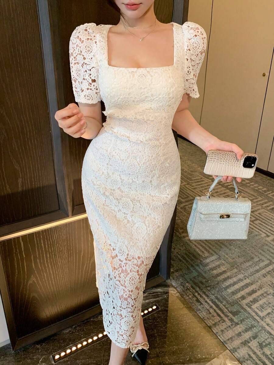 DAZY 女士蕾丝方领泡泡袖开衩中长连衣裙舞会礼服优雅太阳裙，婚礼礼服 - 白色 - 查看 1