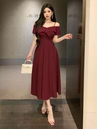 DAZY Women V-Neck Ruffle Trim Midi Dress, Solid Color For Date Night, Valentine's Day, Chinese New Year Elegant Sundress Red Women Dresses Prom Dress Christmas Cocktail Dress