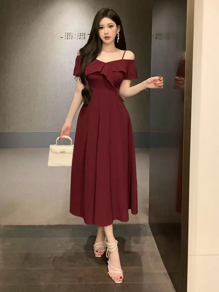 Women V-Neck Ruffle Trim Midi Dress, Solid Color For Date Night, Valentine's Day, Chinese New Year Elegant Sundress Red Women Dresses Prom Dress Christmas