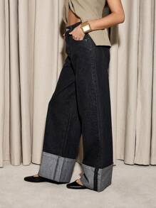 AiiRZ Designer Wide Leg Turn-Up Cuff Raw Denim Jeans, High Waisted Palazzo Style With Contrast Fold, Street Style Statement Pants For Fall Winter