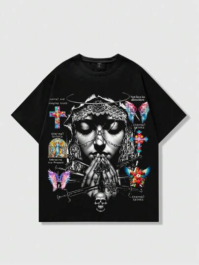 Goth Camiseta de manga corta con estampado de ángel para hombre, adecuada para uso diario en primavera/verano