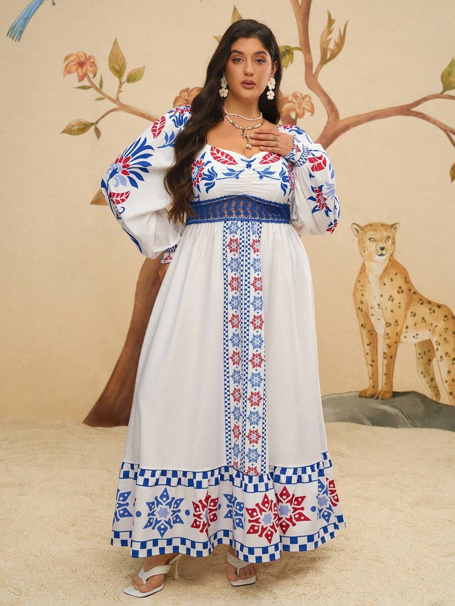 Travachic Plus Size Bohemian Vacation Casual Apricot Retro Print Lace Patchwork Dress For Women - Multicolor - View 1