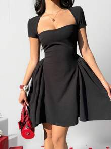 SHEIN EZwear 女士情人节约会方领公主迷你连衣裙 - 黑色 - 查看 6