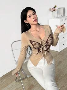 Modelyn 女士前系带长袖蝴蝶印花简约休闲上衣，日常穿着 - 卡其色 - 查看 3