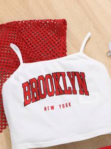 SHEIN Teen Girls 3-Piece Tank Top Mesh T-Shirt And Shorts Set - Red - View 5