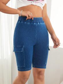 SHEIN PETITE 女士牛仔短裤，休闲紧身弹力工装短裤，蓝色 - 中等水洗藍 - 查看 4
