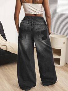 SHEIN ICON 女式前扣口袋做旧简约休闲牛仔裤 - 黑色 - 查看 2