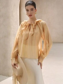 SHEIN Unity Französisches romantisches Satin-Kragen, doppellagiger Rüschenbesatz, Krawattenhals, langärmeliges Midi-Bluse-Top, Damen-Frühlings-Oberbekleidung - Gelb - Übersicht 5